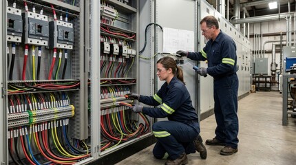 Fototapeta premium Motor control center interior shown with skilled workers connecting heavyduty wires verifying terminal labels and securing panels to maintain operational safety and control.