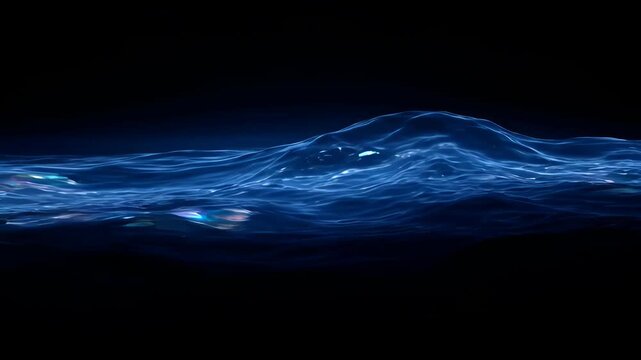 Abstract ocean wave in dark blue water with glowing surface, flowing blue light streaks on black background, smooth liquid current and ripple motion