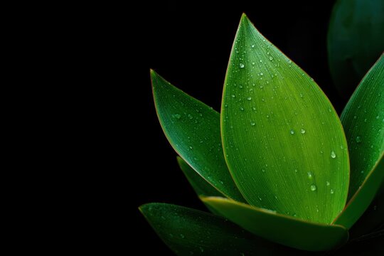 暗い環境で葉に液滴を持つ緑色の植物