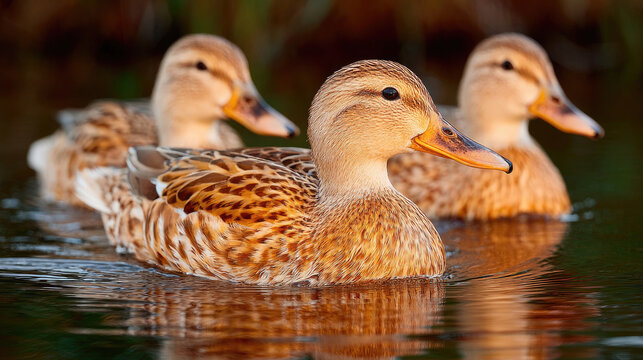 Three Mallard Ducks Swimming Calmly in a Serene Pond.