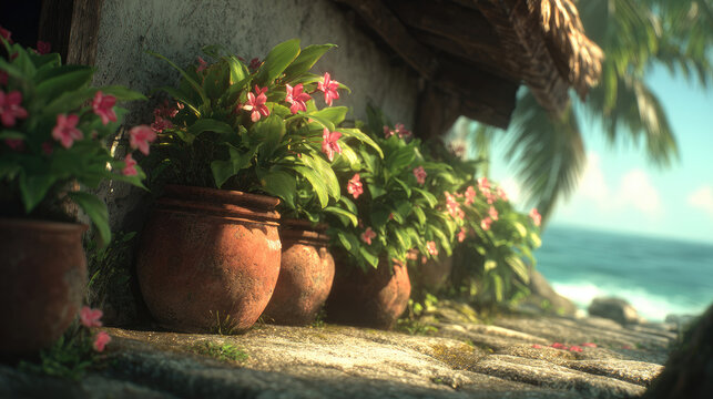Tropical Paradise Flower Pots by the Ocean in a Lush Setting.