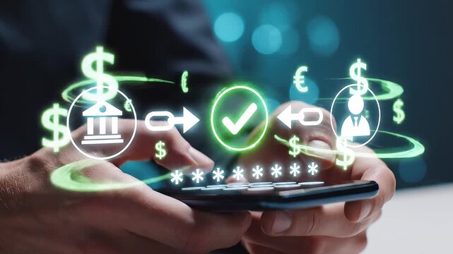 Professional man making secure digital money transfer through mobile banking application with successful transaction icons.