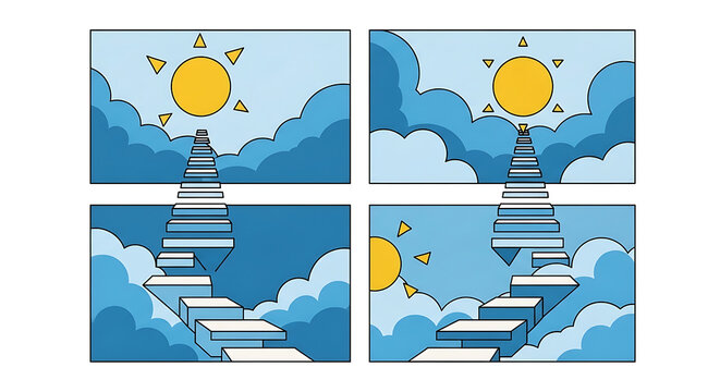 Pixel art diptych of a stairway to a radiant sun ascending through soft blue clouds, representing aspiration and progress