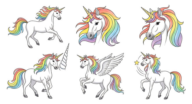 Set of pixel art unicorns with rainbow manes and tails, including a winged pegasus, on a white background, suitable for fantasy themes