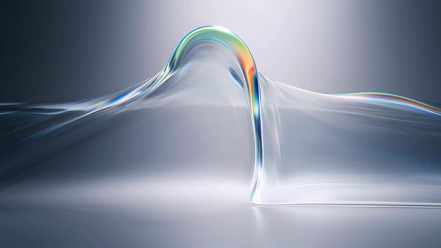 Abstract wave iridescent flow translucent line smooth curve blue gradient with rainbow light refraction, smooth glass surface, futuristic flowing line, soft gradient background, calm digital art