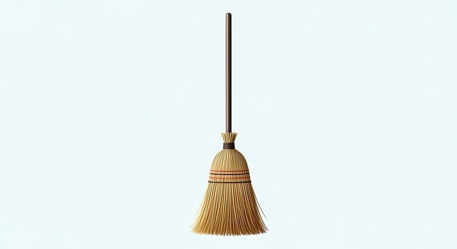 Traditional natural fiber broom with dark handle for everyday domestic sweeping tasks against a