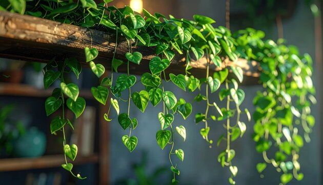 Lush Green Pothos Plant Cascading from a Wooden Beam Indoors.