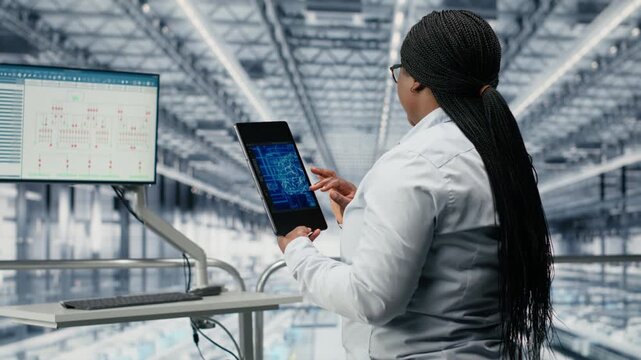 Using AI deep learning, EDA software and woman monitoring PCB smart factory workflow. Tracking microchip production, artificial intelligence simulation and African american female manager, camera B