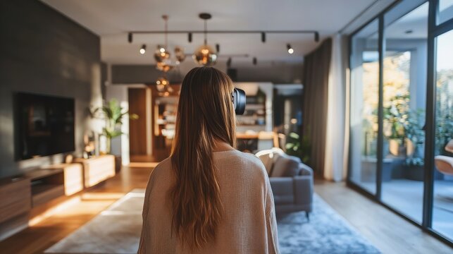 Woman wearing vr headset in modern interior