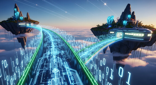 Futuristic digital highway connecting floating islands in a vibrant sky with data streams.