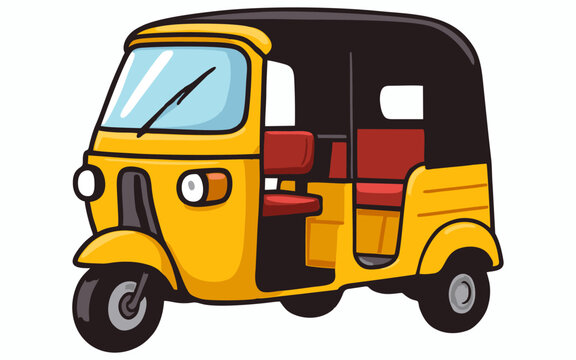 Cartoon illustration of a motorized rickshaw, commonly known as a tuk-tuk or Bajaj.