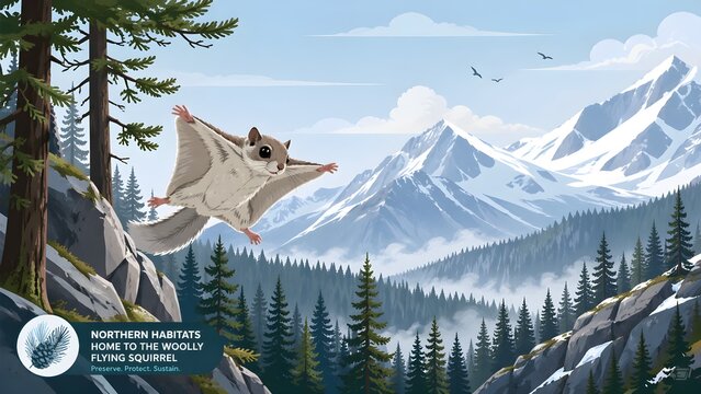 Northern Woolly Flying Squirrel Gliding in Alpine Mountain Forest Habitat Vector Illustration