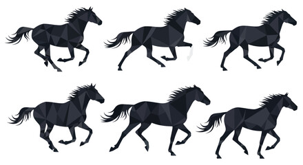 Six black geometric horses running in a row © Steven
