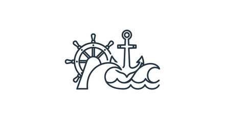 Minimalist nautical icon set with ship steering wheel anchor and ocean waves © Steven