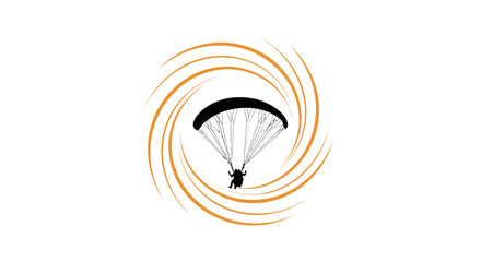 Silhouette of a paraglider flying inside an orange spiral graphic on white background. © Steven