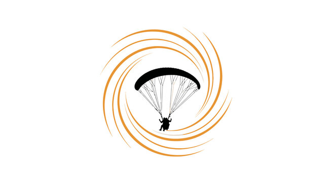 Silhouette of a paraglider flying inside an orange spiral graphic on white background.