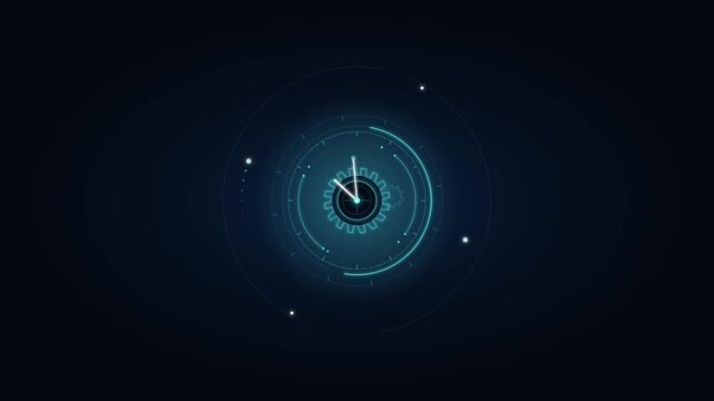 Futuristic digital clock with glowing rings and particle effects on dark blue background