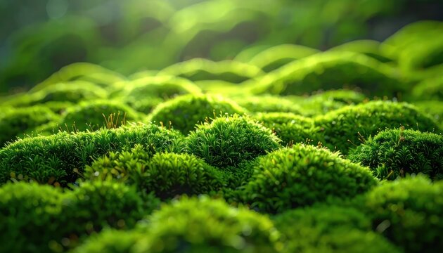 Lush Green Moss Carpet Covering Forest Floor in Soft Sunlight.