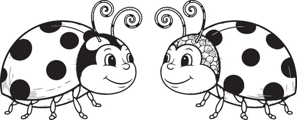 Two cute ladybugs facing each other in black and white cartoon character illustration for children. © Moniruzzaman