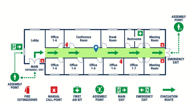 Office Floor Plan with Emergency Exit and Safety Points Marked