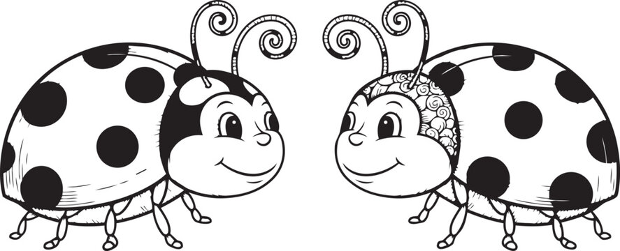 Two cute ladybugs facing each other in black and white cartoon character illustration for children.