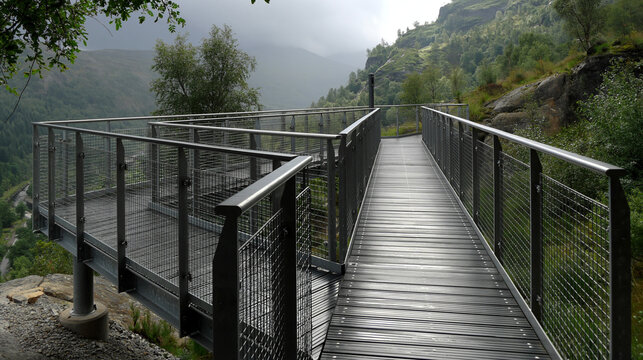 Viewing platform with metal mesh fencing. Scenic viewing platform overlooking mountainous landscape in mist  