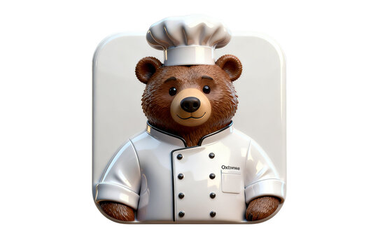 A brown bear chef wearing a white uniform and hat stands in a kitchen