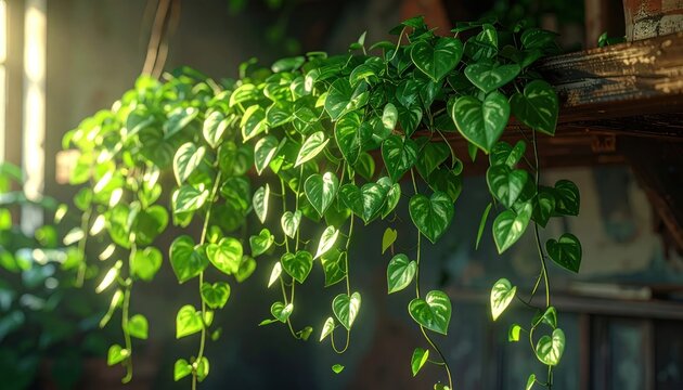 Lush Green Pothos Plant Cascading in Soft Sunlight.