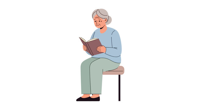 Elderly woman sits on a stool and reads a book.