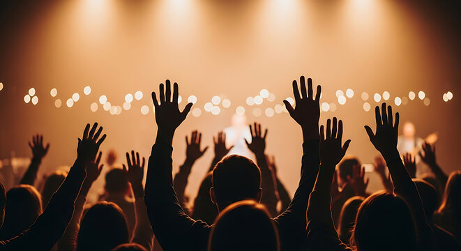 People raising hands in prayer and praise at a gospel music concert