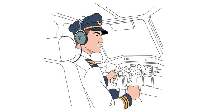 Male pilot in uniform flying an airplane from the cockpit illustration
