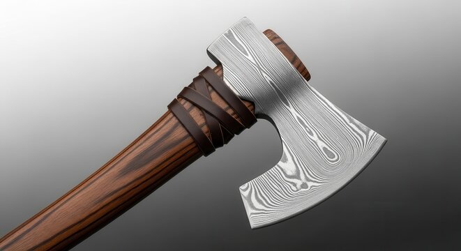 Exquisitely crafted Damascus steel axe with distinctive patterned blade and richly grained wooden