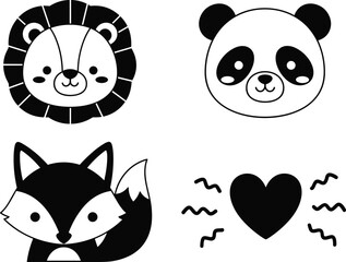 Fototapeta premium Flat vector illustration, cute lion panda fox heart, black white cartoon animal faces, playful children artwork design, friendly character icons