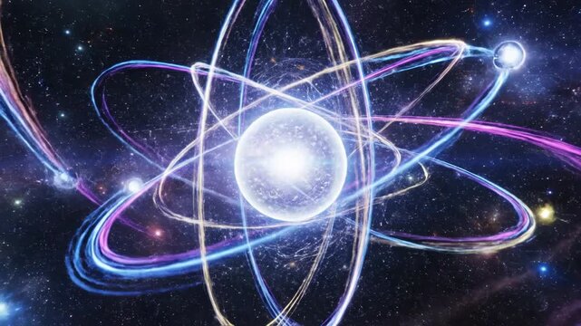 Glowing atomic nucleus with multiple electron orbits in deep cosmic space against a background of distant stars and galaxies, conceptual 3D visualization of particle physics and energy.