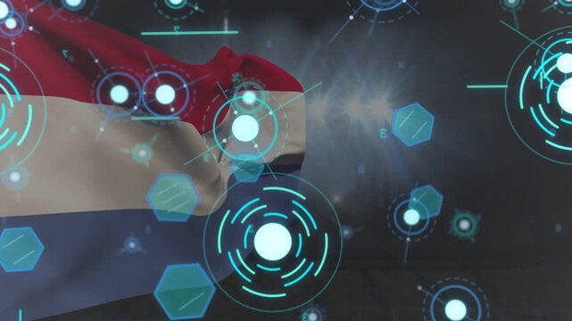 Tricolor flag waving and folding on flare appearing, cyan HUDs pulsing to show tech overlay