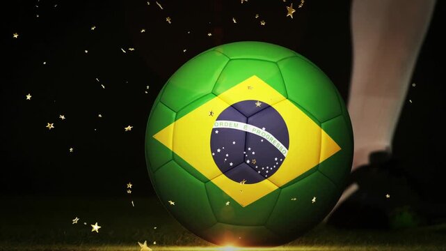 Brazil-flag ball centered, cleat approaching, contacting and sending ball rolling, stars drifting