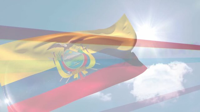 Ecuador tricolor flag filling frame, sunlight flaring, wind gusts rippling fabric to reveal emblem
