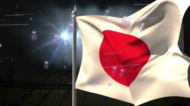 Gusting wind lifting Japan flag, cloth rippling and red disc deforming, blue markers drifting