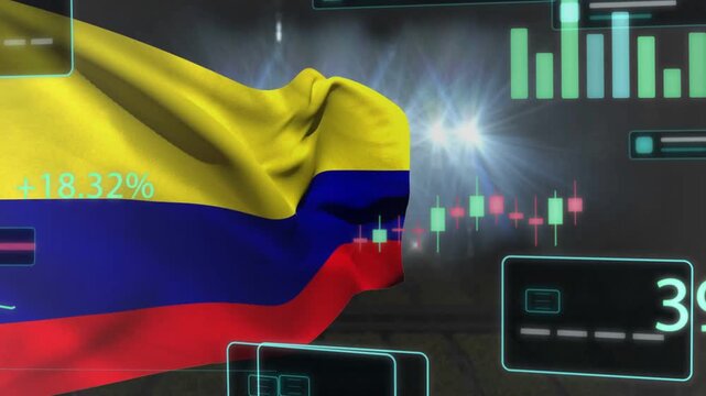 Virtual wind starting Colombia flag waving and curling while teal HUDs candles +18