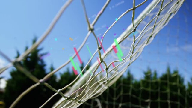 After start colorful bars appearing behind soccer goal net, camera shifting, visualizing match data