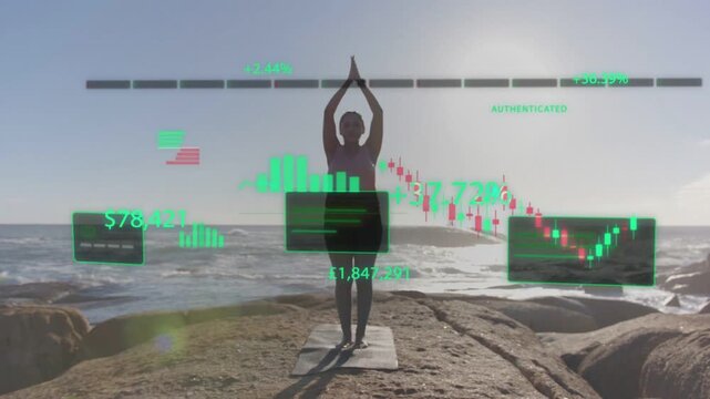 Woman lifting arms overhead on rock, HUD charts animating as arms rising and authenticating data