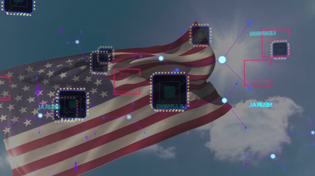 Wind gusting, US flag waving while HUD nodes drifting toward central chip, showing tech network