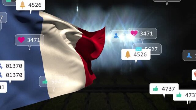 Social bubbles emerging from left while French flag waving, clustering, showing fan reaction