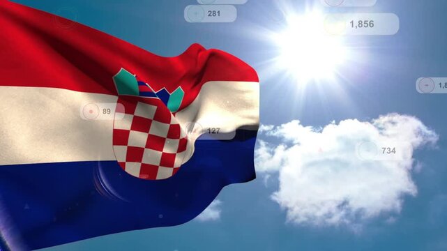 Wind pushing Croatian flag waving while faint numeric labels drifting to show live data