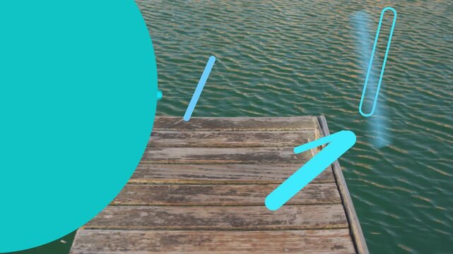 On play animated cyan-blue shapes entering, sliding, rotating, scaling, fading, revealing wood dock