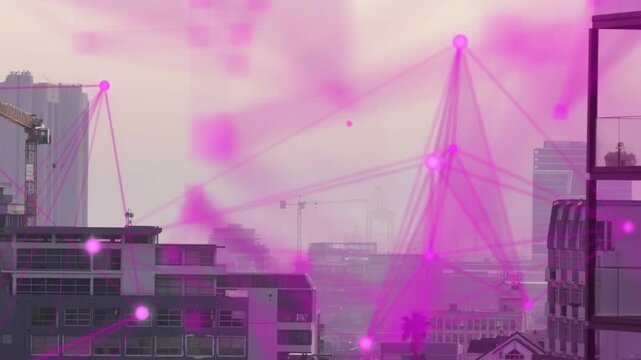 Magenta network appearing then shifting left-to-right upward, forming mesh revealing skyline cranes