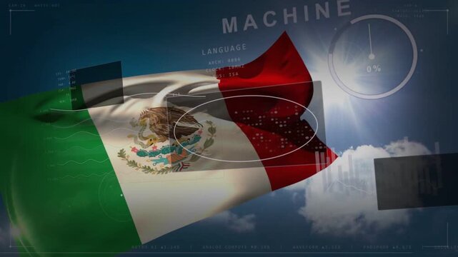 Mexican flag entering left and waving, rippling emblem while HUD displaying MACHINE LANGUAGE data