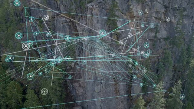 Animated overlay expanding across steep rock cliff, nodes radiating after sensor ping for mapping