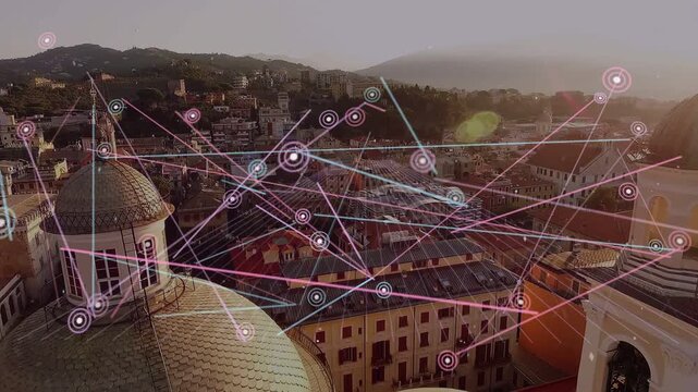 Sunlight starting network overlay, nodes popping and linking over dome and bell tower, mapping city