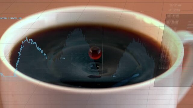 White cup with dark coffee showing droplet making column rising falling making ripples for analysis